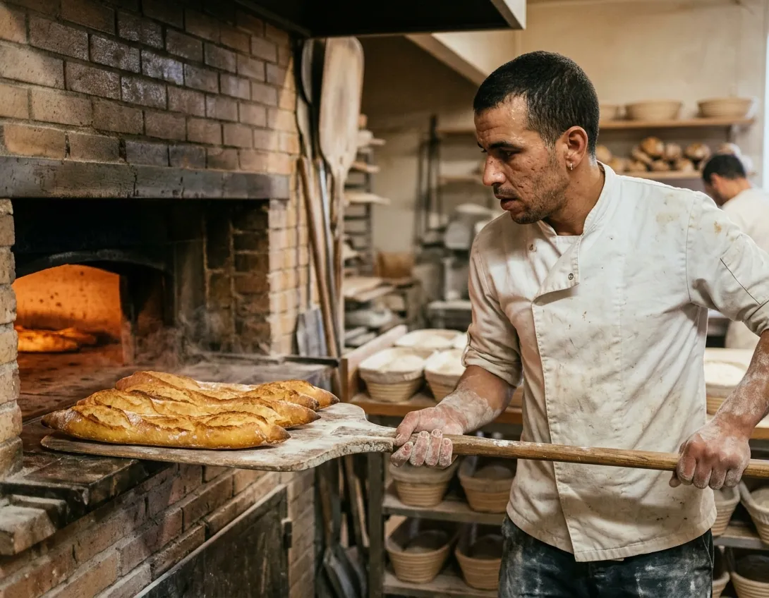 Boulanger tunisien sortant des baguettes du four dans un fournil en France