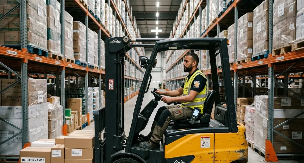 Cariste algérien en entrepôt logistique en France