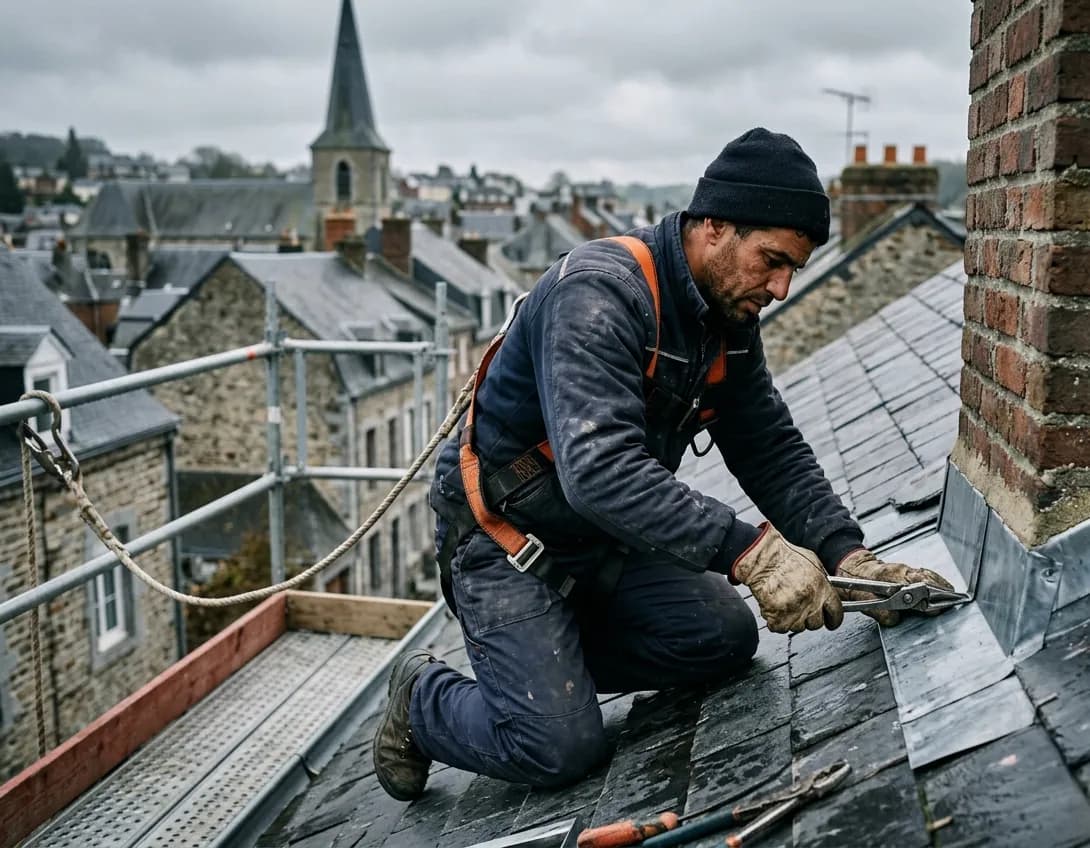 Couvreur algérien posant du zinc sur une toiture en France