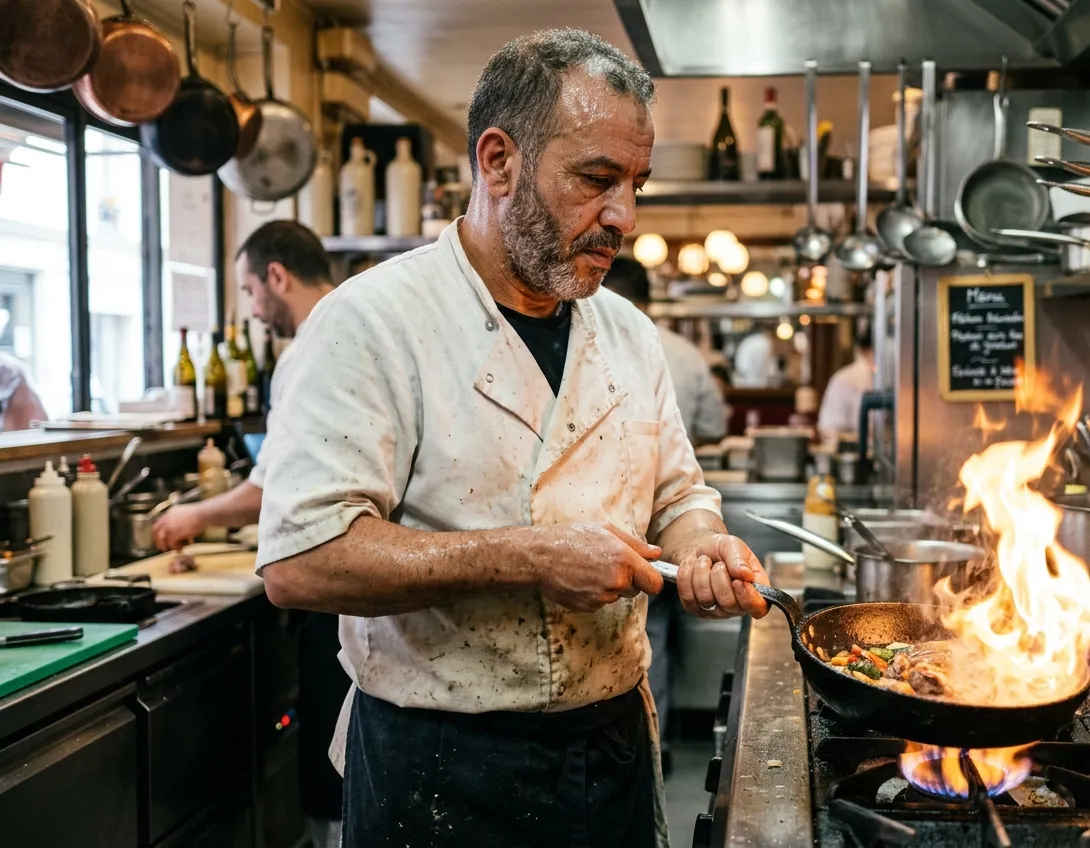 Cuisinier algérien au piano d’une brasserie en France