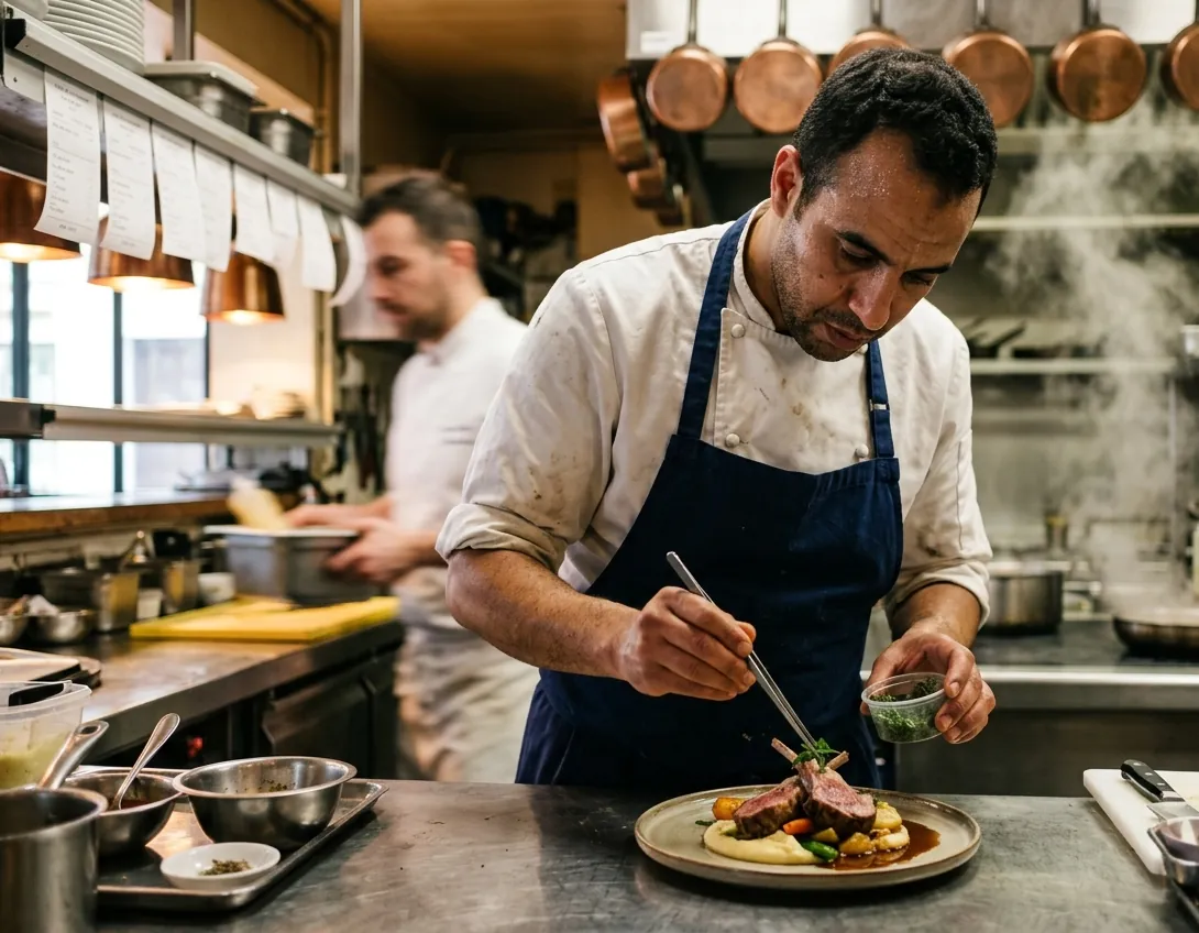 Cuisinier marocain dressant une assiette dans une cuisine de restaurant en France
