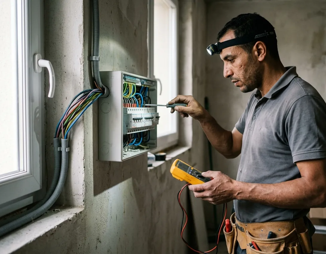 Électricien marocain câblant un tableau électrique en France