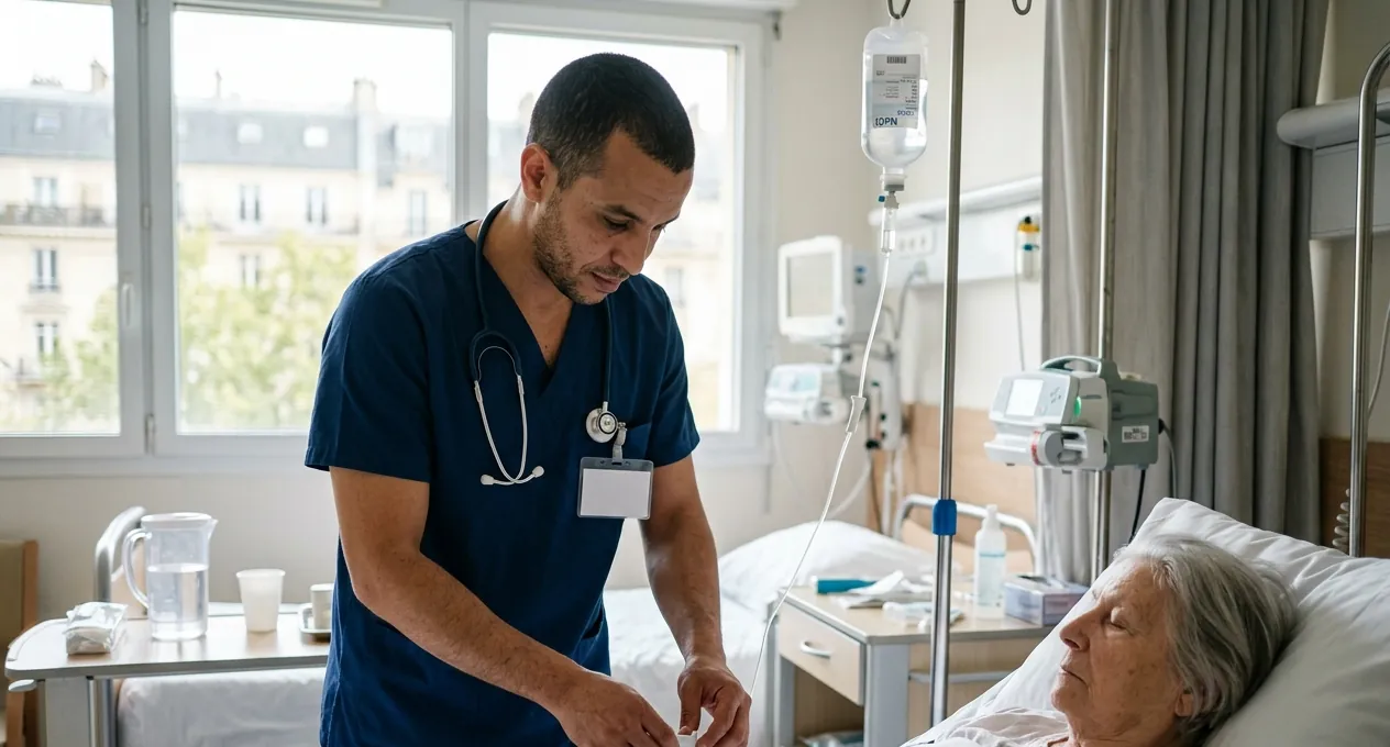 Infirmier tunisien au chevet d’un patient à l’hôpital en France