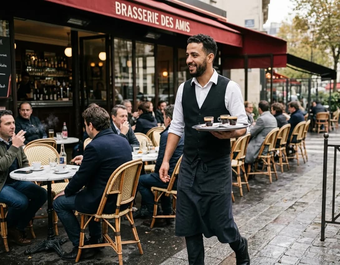 Serveur marocain en terrasse d’une brasserie française