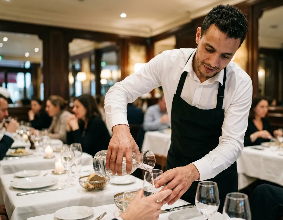 Serveur tunisien en salle d’un restaurant en France