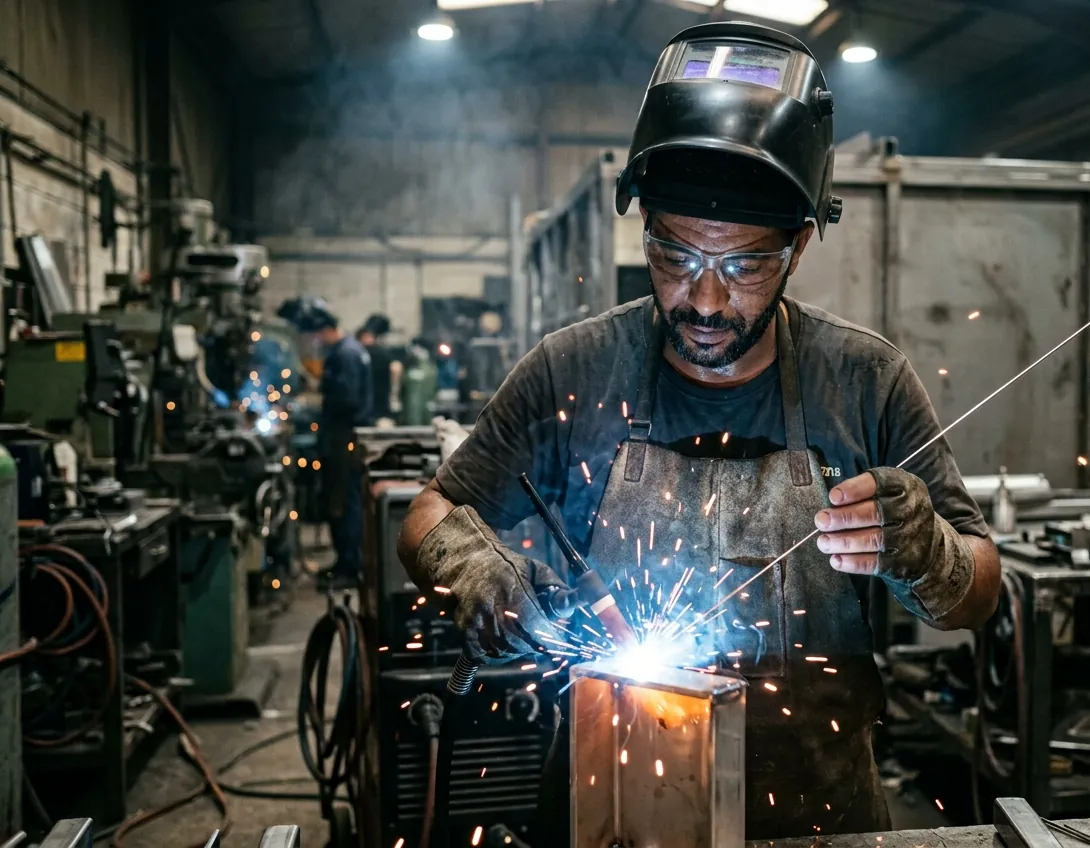 Soudeur algérien en atelier de métallurgie en France